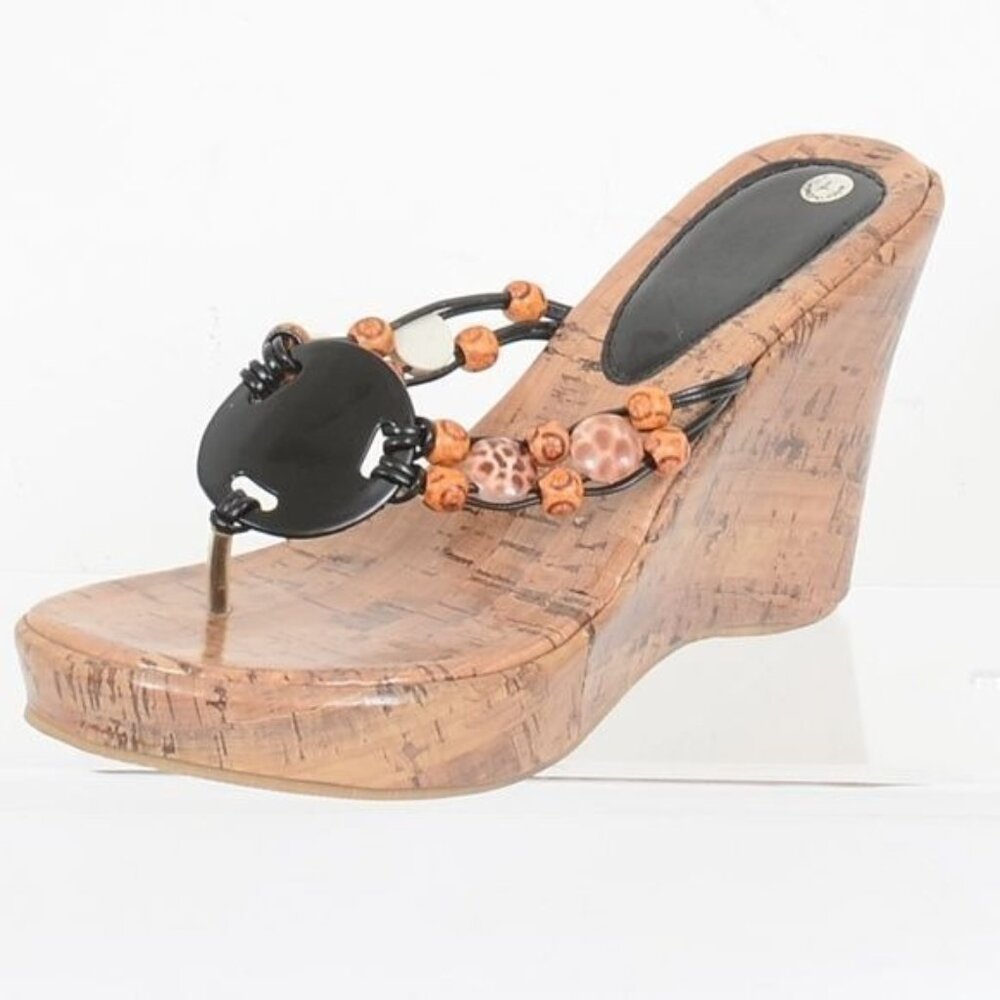 PANO New York Beads Seashells Thongs Cork Beach Wedge Women's Sandals 7 NEW
